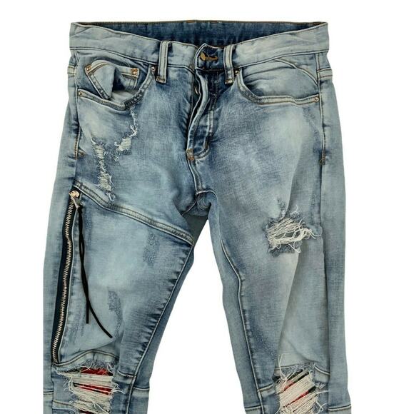 Dope Jeans Women Sz 28 Skinny Acid Wash Distressed Patches Side Leg Zipper Denim - Picture 4 of 12